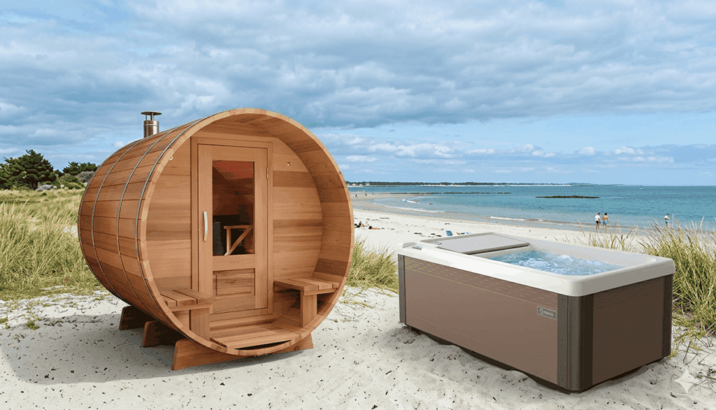 Photo montage d'un sauna et d'une piscine sur la plage.