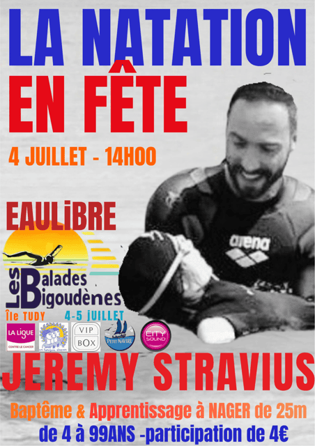 Affiche de "La natation en fête" - Baptême en mer avec Jeremy Stravius. Le 4 juillet 2026.